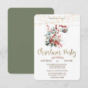 Cardinal Bird String Lights Green Christmas Party Invitation