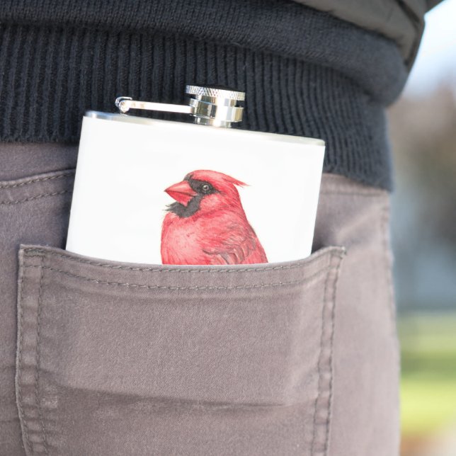 Cardinal bird watercolor hip flask (In Situ)