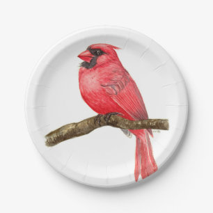 Cardinal bird watercolor paper plate