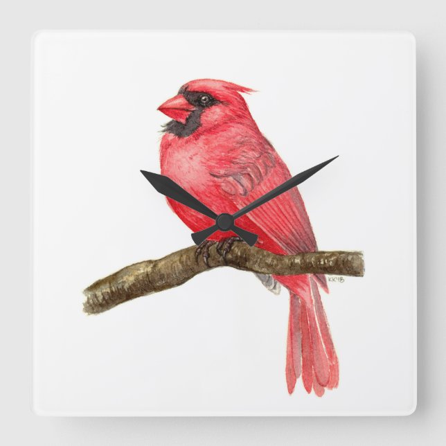 Cardinal bird watercolor square wall clock (Front)
