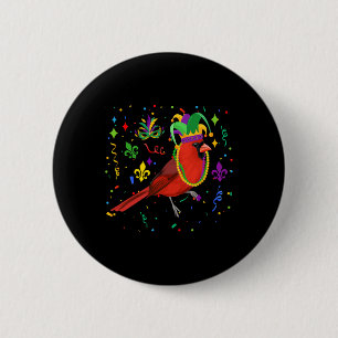 Cardinal Bird Wearing Mardi Gras Beads Jester Hat 6 Cm Round Badge