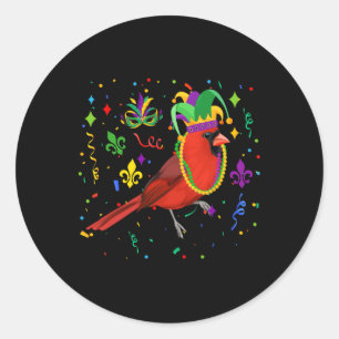 Cardinal Bird Wearing Mardi Gras Beads Jester Hat Classic Round Sticker