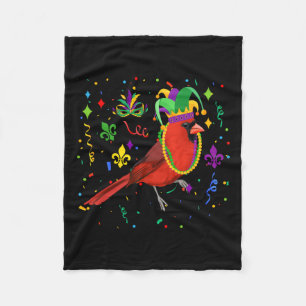 Cardinal Bird Wearing Mardi Gras Beads Jester Hat Fleece Blanket