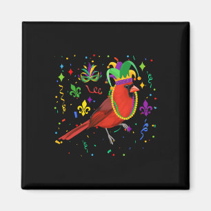 Cardinal Bird Wearing Mardi Gras Beads Jester Hat Magnet