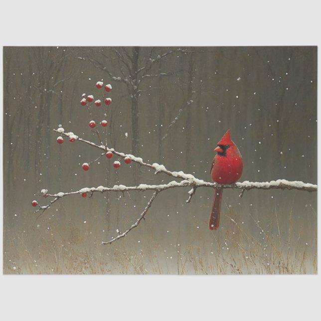 Cardinal Bird Winter Berry Tree Decoupage Tissue Paper (Front)