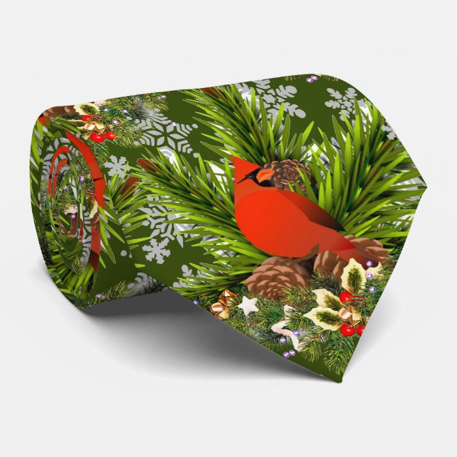 Cardinal Bird Winter Greenery Neck Tie (Rolled)