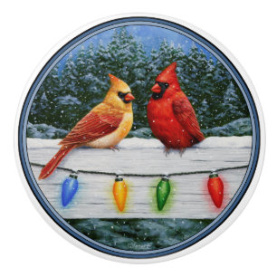 Cardinal Birds and Christmas Lights Ceramic Knob