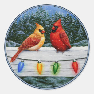 Cardinal Birds and Christmas Lights Classic Round Sticker
