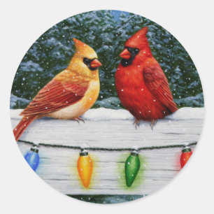 Cardinal Birds and Christmas Lights Classic Round Sticker