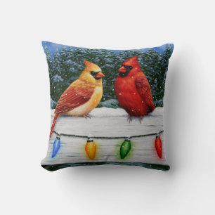 Cardinal Birds and Christmas Lights Cushion