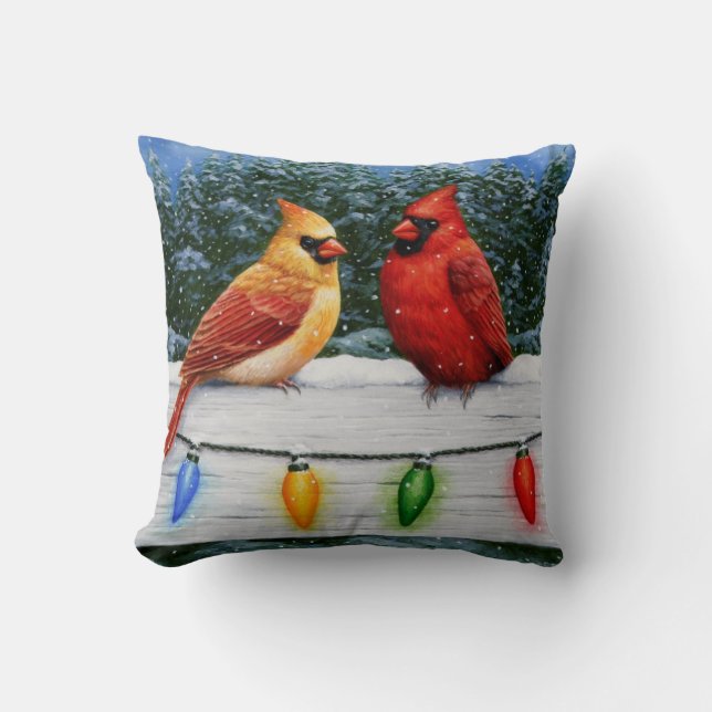 Cardinal Birds and Christmas Lights Cushion (Front)