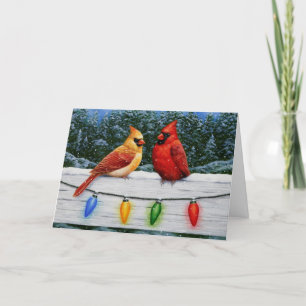 Cardinal Birds and Christmas Lights Holiday Card