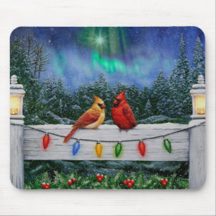 Cardinal Birds and Christmas Lights Mouse Pad