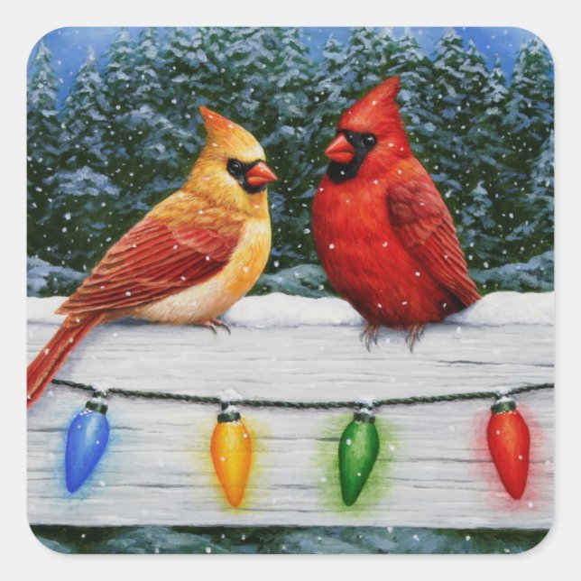 Cardinal Birds and Christmas Lights Square Sticker (Front)