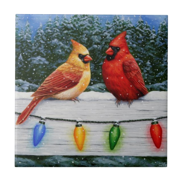 Cardinal Birds and Christmas Lights Tile (Front)