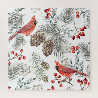Cardinal Birds Christmas Vintage Pattern Jigsaw Puzzle
