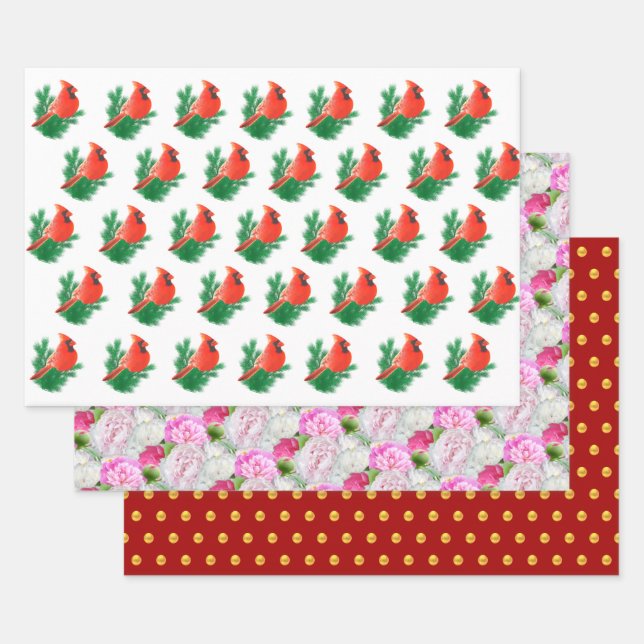Cardinal Birds, Peony Flowers & Golden Confetti Wrapping Paper Sheet (Set)