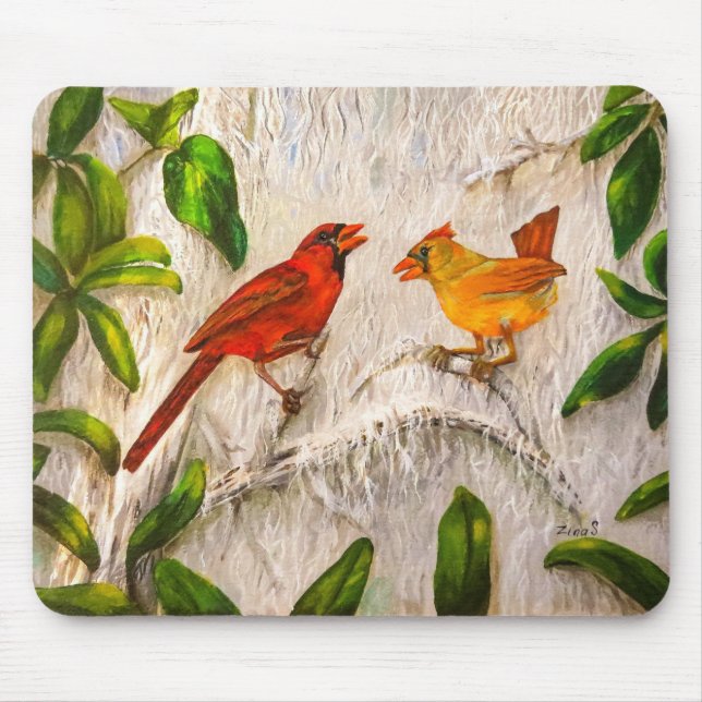 Cardinal birds red and orange mouse pad (Front)