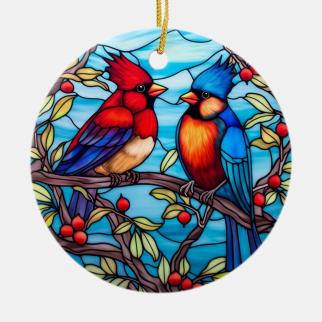 Cardinal birds stained glass style ceramic ornament (Front)