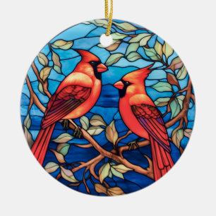 Cardinal birds stained glass style ceramic ornament