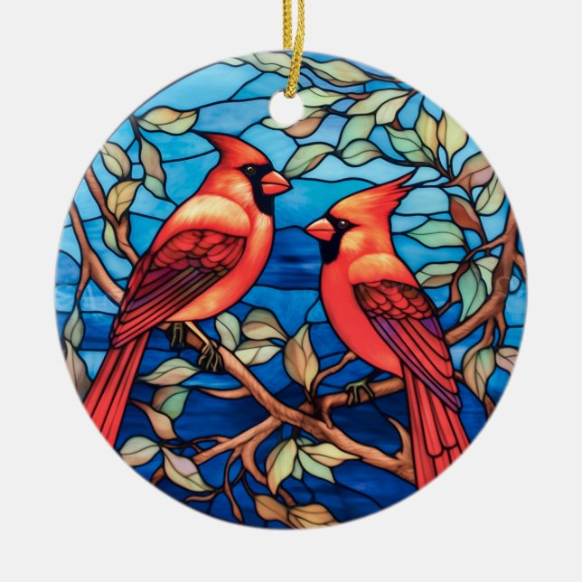 Cardinal birds stained glass style ceramic ornament (Front)