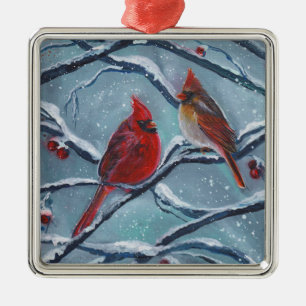 Cardinal birds winter by Renee Lavoie Metal Ornament