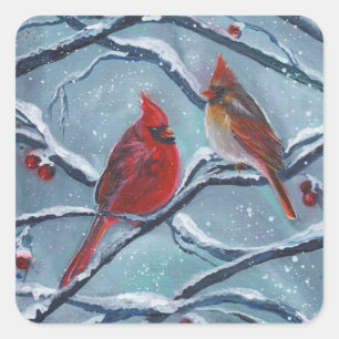 Cardinal birds winter by Renee Lavoie Square Sticker