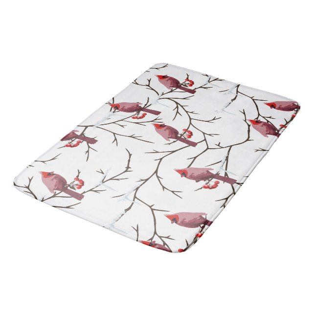 Cardinal Birds, Winter Cherries and Snow Pattern Bath Mat (Angled)