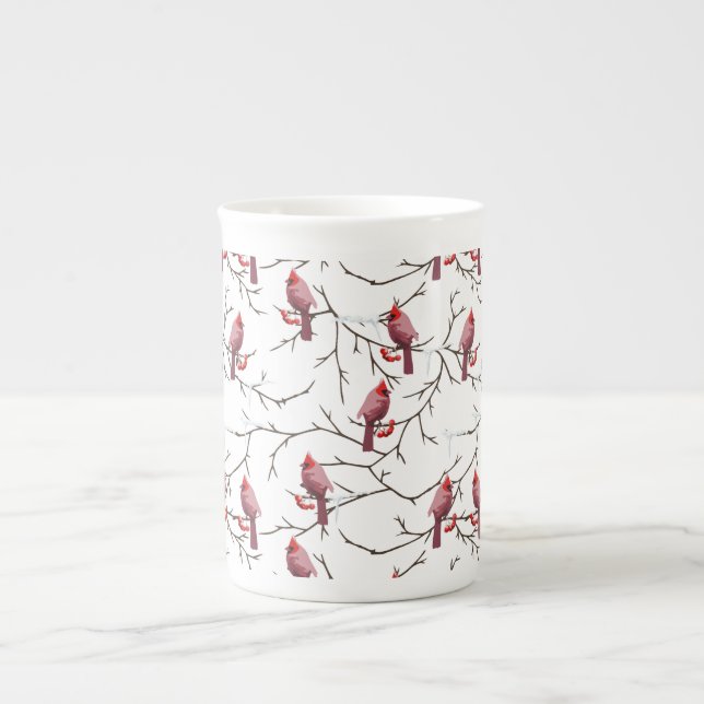 Cardinal Birds, Winter Cherries and Snow Pattern Bone China Mug (Front)