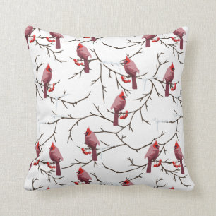Cardinal Birds, Winter Cherries and Snow Pattern Cushion