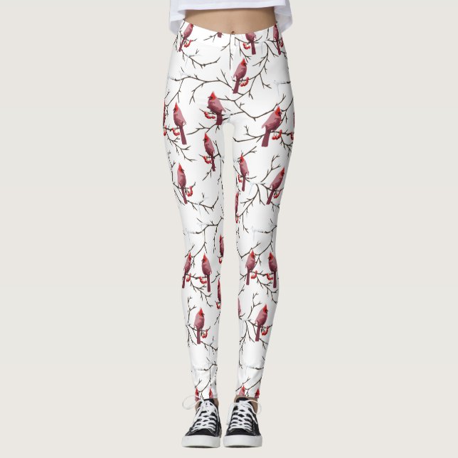 Cardinal Birds, Winter Cherries and Snow Pattern Leggings (Front)