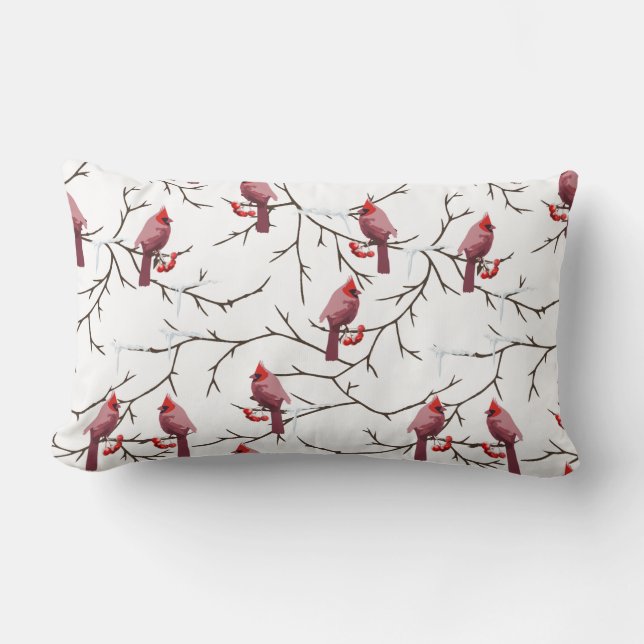 Cardinal Birds, Winter Cherries and Snow Pattern Lumbar Cushion (Front)