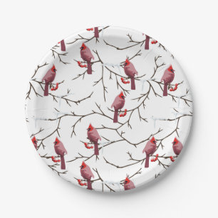 Cardinal Birds, Winter Cherries and Snow Pattern Paper Plate