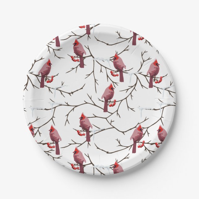 Cardinal Birds, Winter Cherries and Snow Pattern Paper Plate (Front)