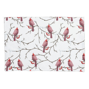 Cardinal Birds, Winter Cherries and Snow Pattern Pillowcase