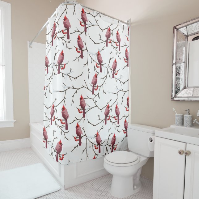 Cardinal Birds, Winter Cherries and Snow Pattern Shower Curtain (In Situ)