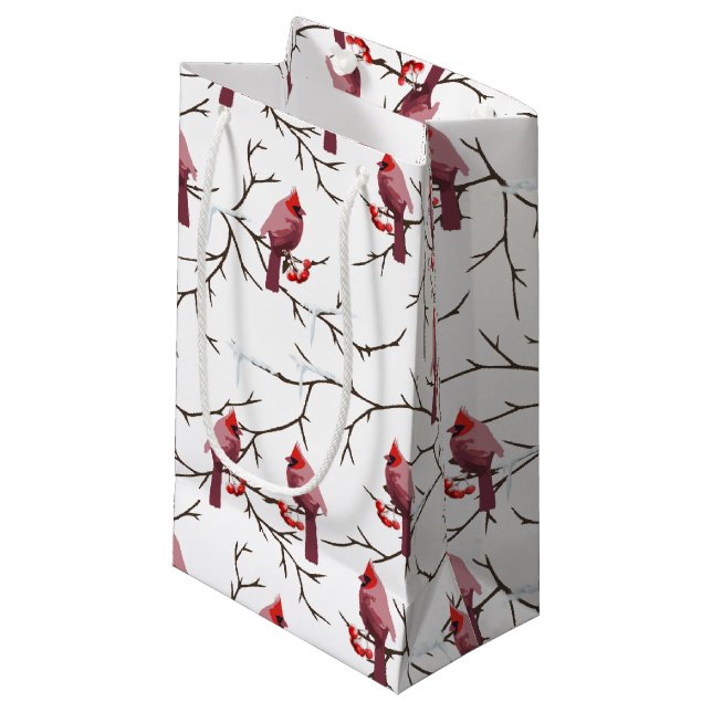 Cardinal Birds, Winter Cherries and Snow Pattern Small Gift Bag (Front Angled)