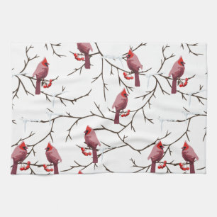 Cardinal Birds, Winter Cherries and Snow Pattern Tea Towel