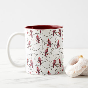 Cardinal Birds, Winter Cherries and Snow Pattern Two-Tone Coffee Mug