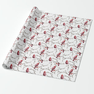 Cardinal Birds, Winter Cherries and Snow Pattern Wrapping Paper