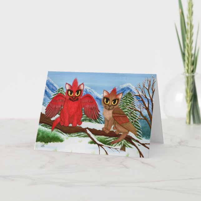 Cardinal Cats Winter Birds Fantasy Cat Art Card (Front)