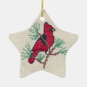 Cardinal Cross Stitch Ceramic Ornament