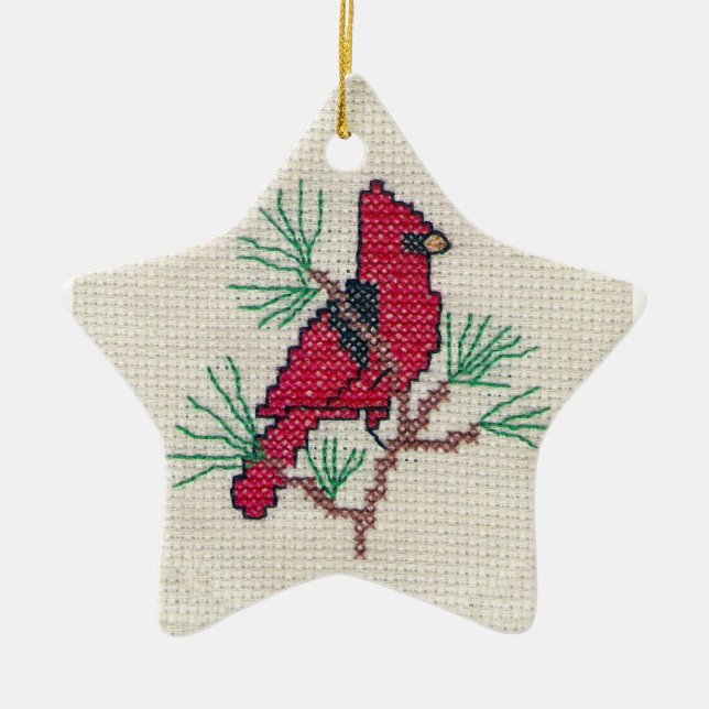 Cardinal Cross Stitch Ceramic Ornament (Front)