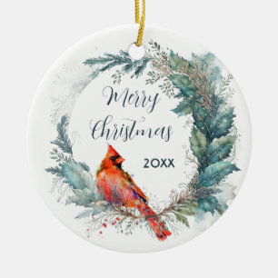 Cardinal Custom Dated Holly Greenery Wreath Frame Ceramic Ornament