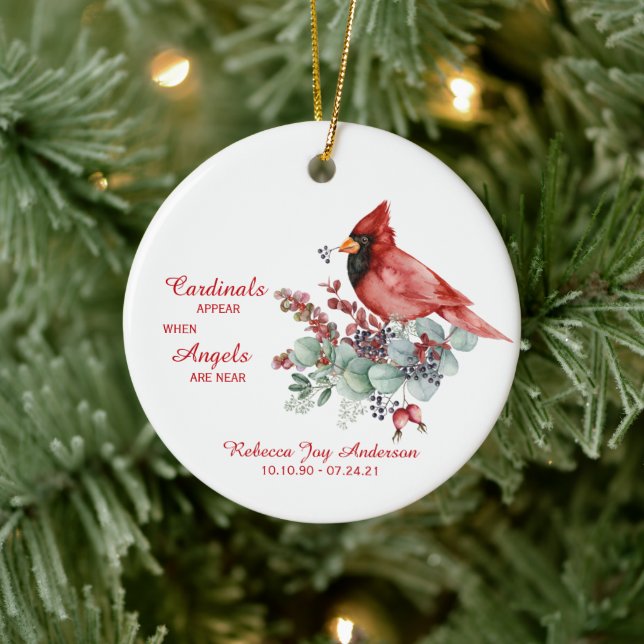Cardinal Eucalyptus Berries Photo In Loving Memory Ceramic Ornament (Tree)
