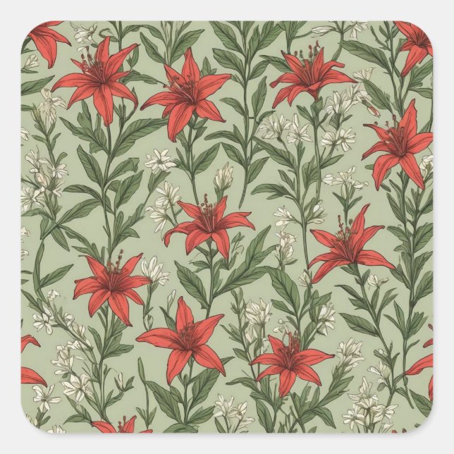 Cardinal flowers and leaves pattern square sticker (Front)