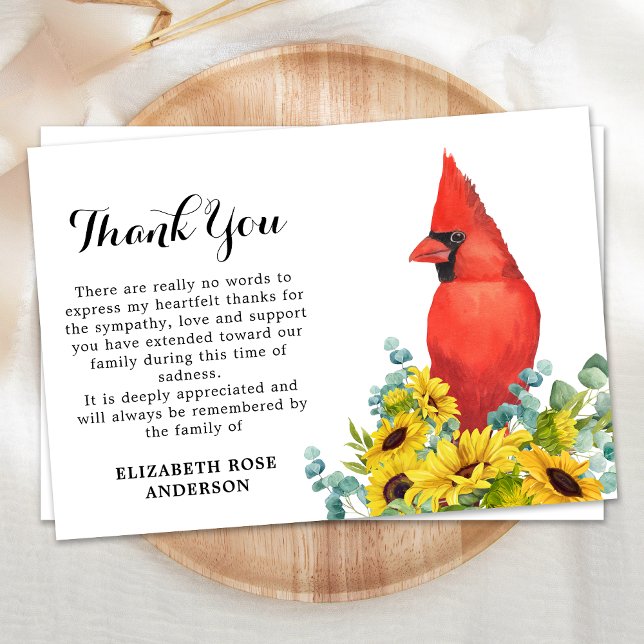 Cardinal Funeral Memorial Sunflowers Sympathy Thank You Card (Creator Uploaded)