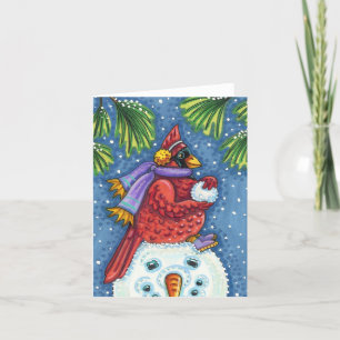 CARDINAL GUARDING SNOWMAN, CHRISTMAS REDBIRD Blank Card
