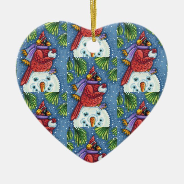 CARDINAL GUARDING SNOWMAN, CUTE CHRISTMAS REDBIRD CERAMIC ORNAMENT (Front)