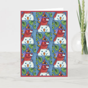 CARDINAL GUARDING SNOWMAN, CUTE CHRISTMAS REDBIRD HOLIDAY CARD